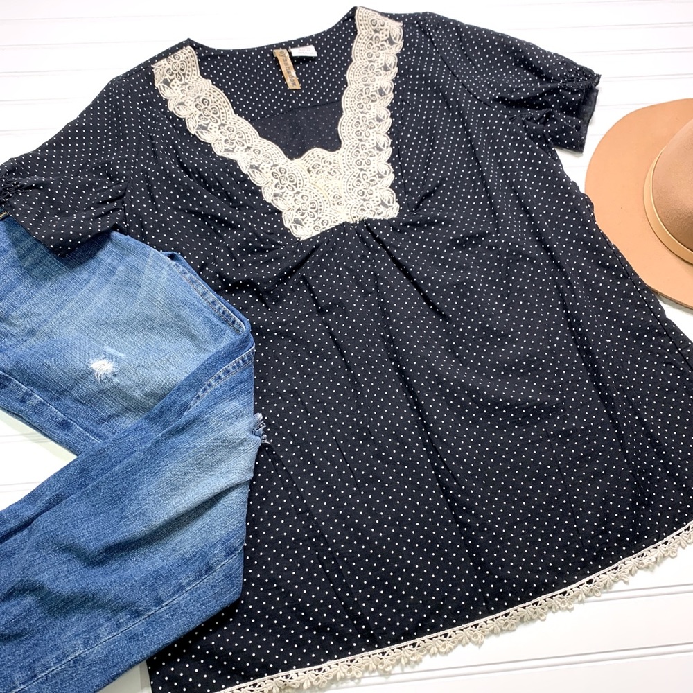 EYESHADOW black polka dot & lace plus size top